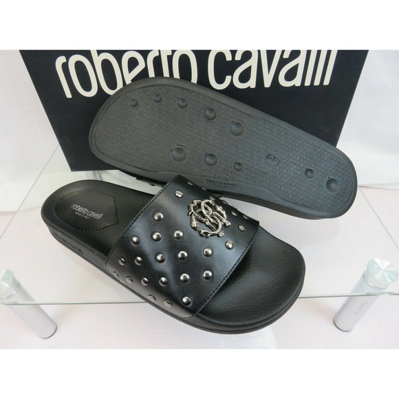 ROBERTO CAVALLI BLACK LEATHER SNAKE MEDALLION LOGO STUDS SANDAL 42.5 / 9.5 ITALY - Picture 6 of 8